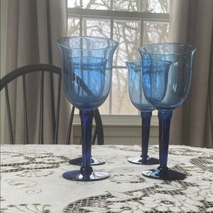 Handblown Vintage Blue Glass Tall Stem Claret Wine Goblets - Set of 4